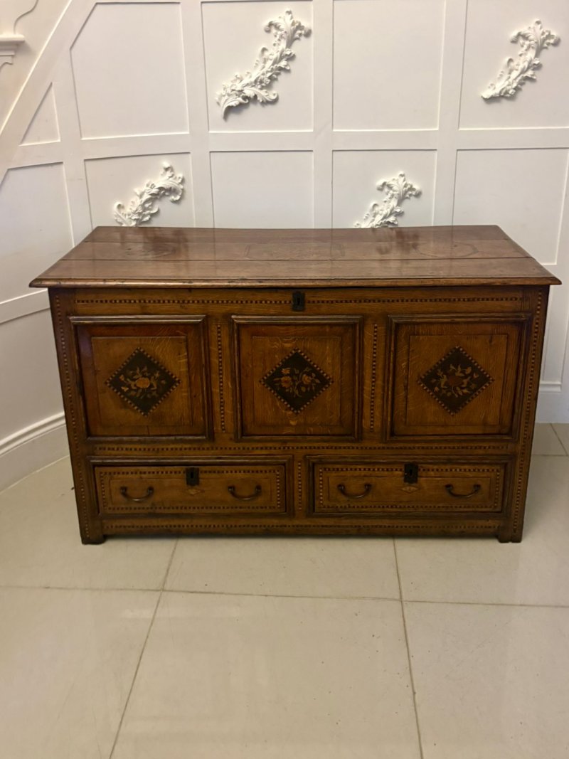 Exceptional Quality 17th Century Antique Oak Mule Chest with Marquetry Inlay